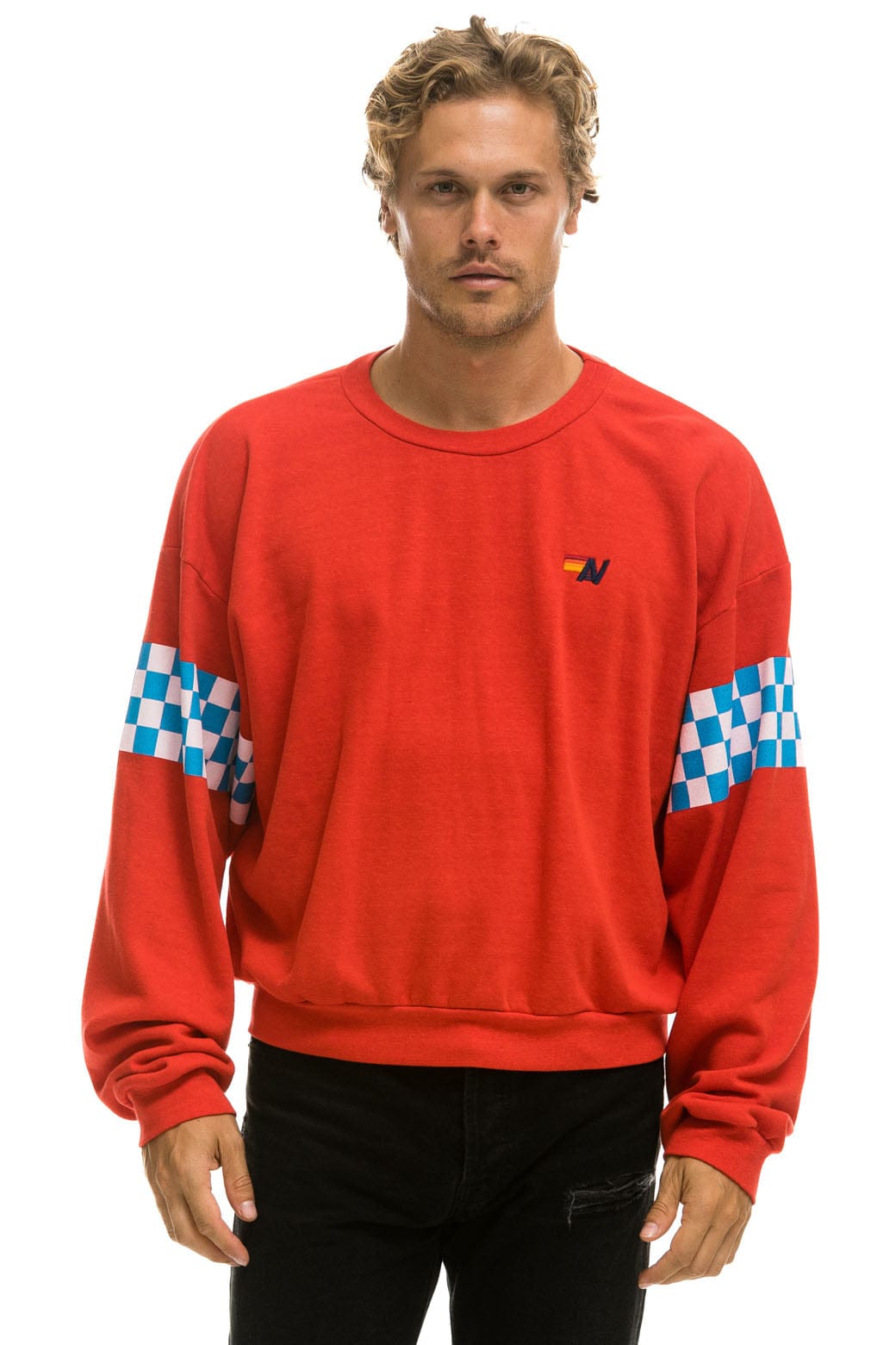 CHECK 2 SLEEVE RELAXED CREW SWEATSHIRT - RED WHITE BLUE