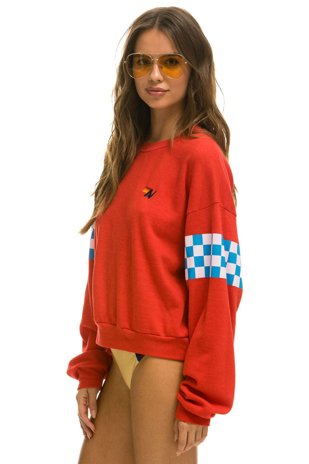 CHECK 2 SLEEVE RELAXED CREW SWEATSHIRT - RED WHITE BLUE