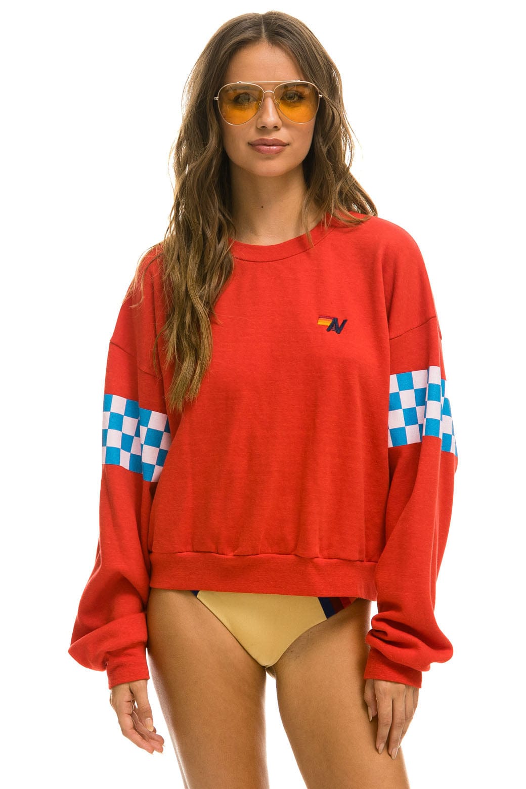 CHECK 2 SLEEVE RELAXED CREW SWEATSHIRT - RED WHITE BLUE