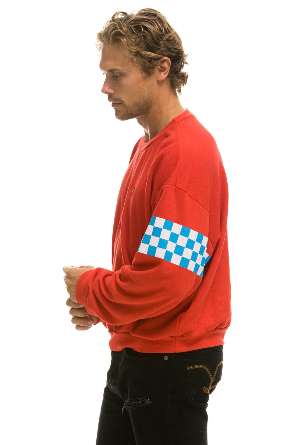 CHECK 2 SLEEVE RELAXED CREW SWEATSHIRT - RED WHITE BLUE