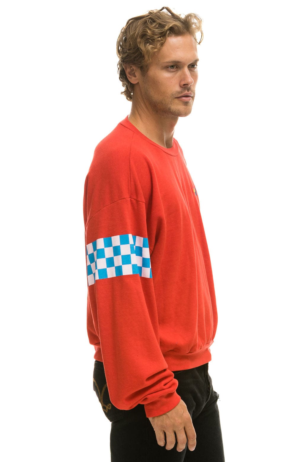 CHECK 2 SLEEVE RELAXED CREW SWEATSHIRT - RED WHITE BLUE