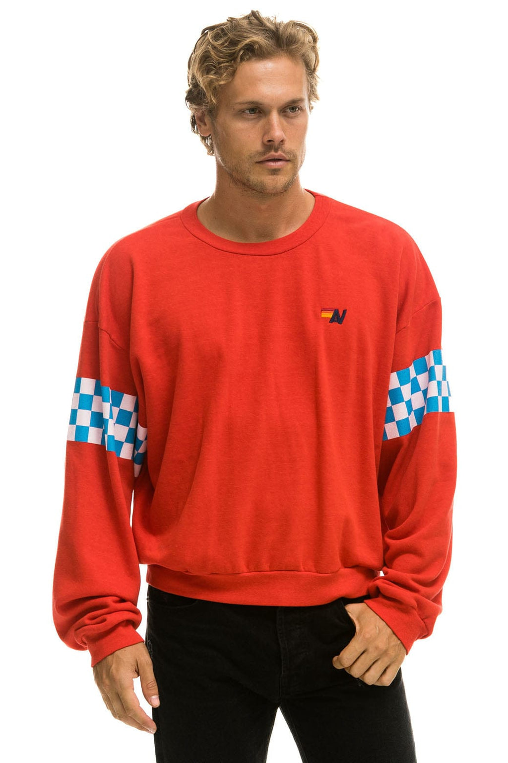 CHECK 2 SLEEVE RELAXED CREW SWEATSHIRT - RED WHITE BLUE