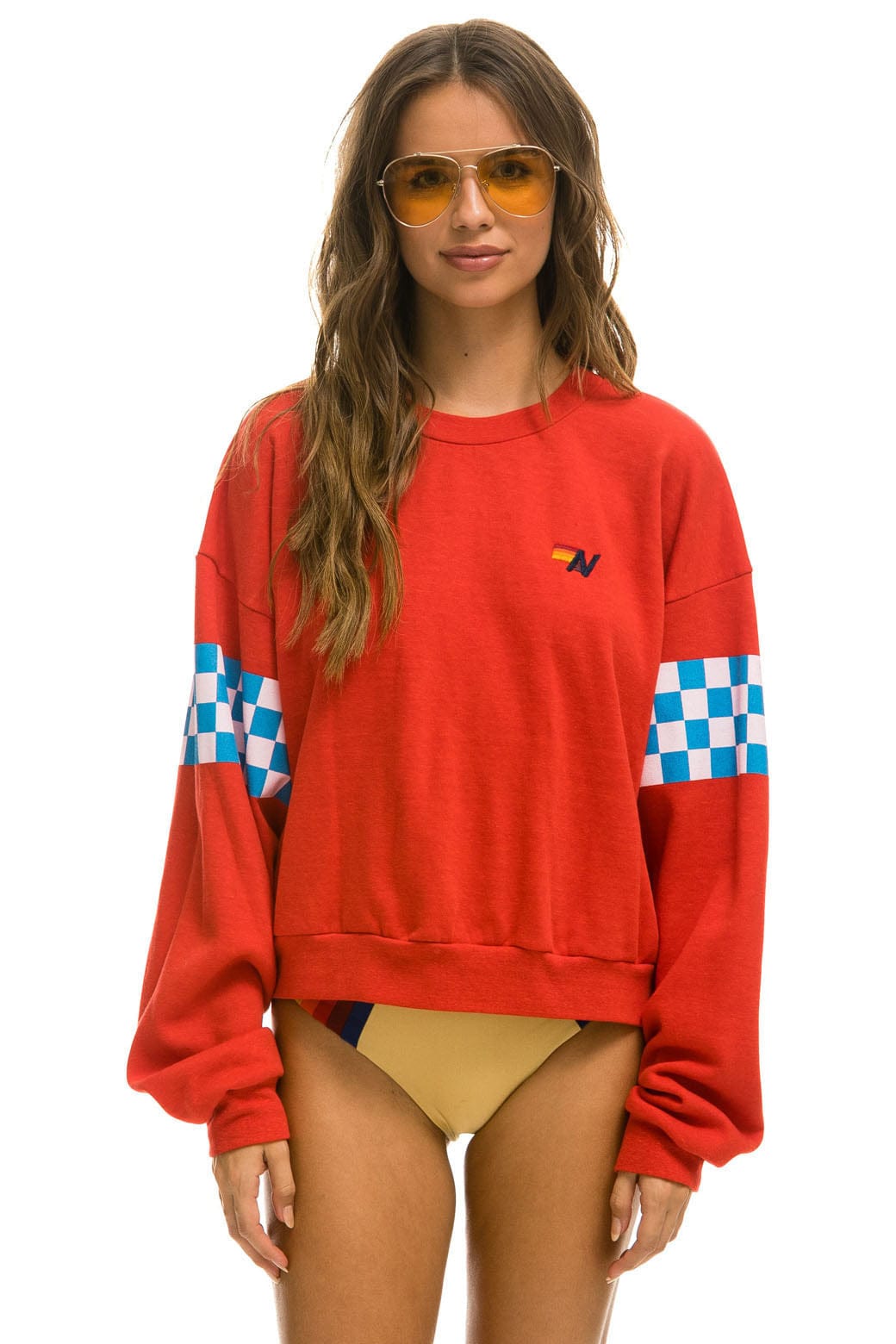 CHECK 2 SLEEVE RELAXED CREW SWEATSHIRT - RED WHITE BLUE