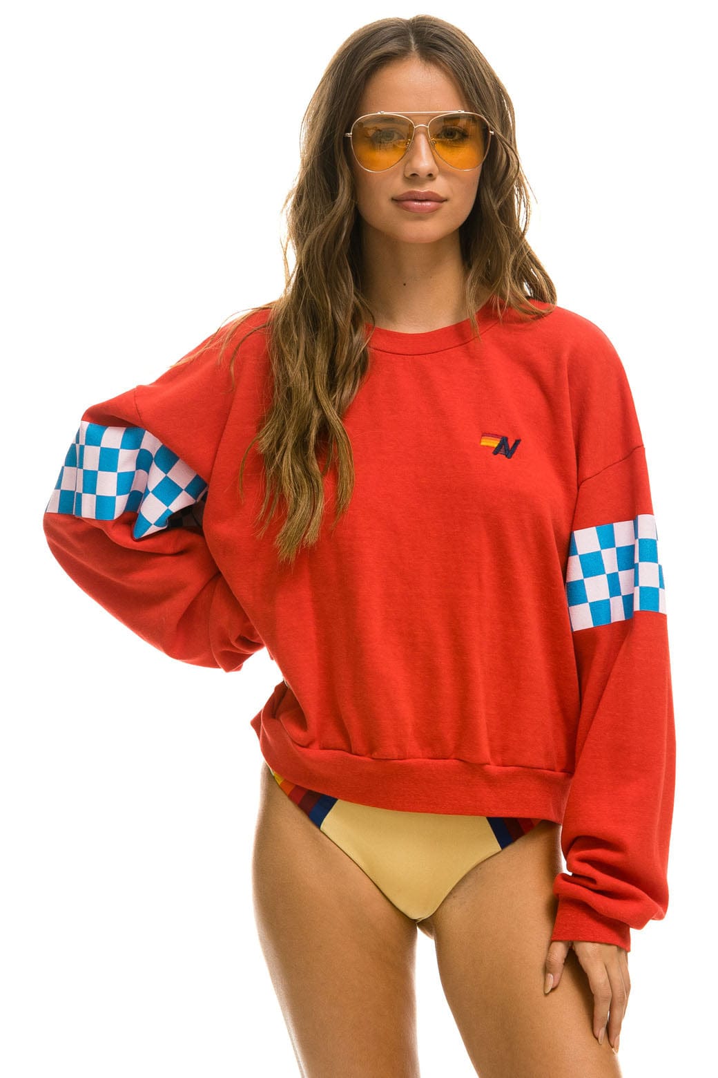 CHECK 2 SLEEVE RELAXED CREW SWEATSHIRT - RED WHITE BLUE