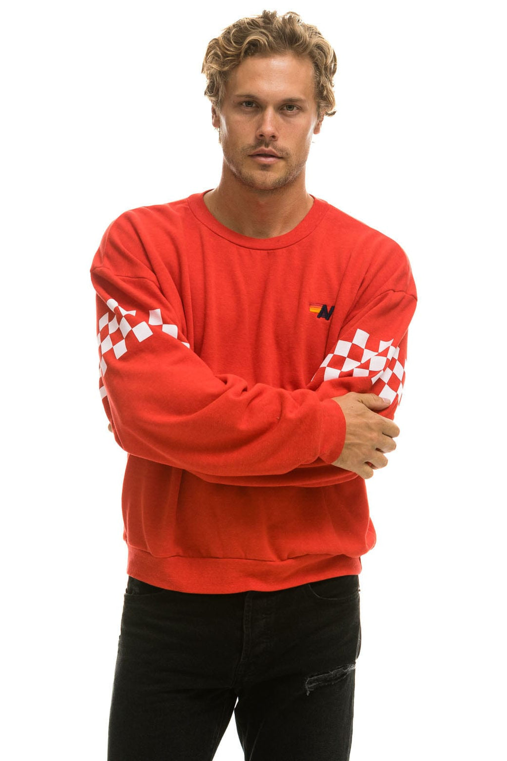 CHECK 2 SLEEVE RELAXED CREW SWEATSHIRT - RED WHITE