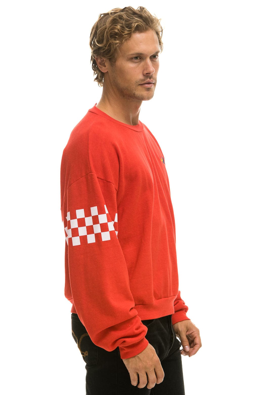 CHECK 2 SLEEVE RELAXED CREW SWEATSHIRT - RED WHITE