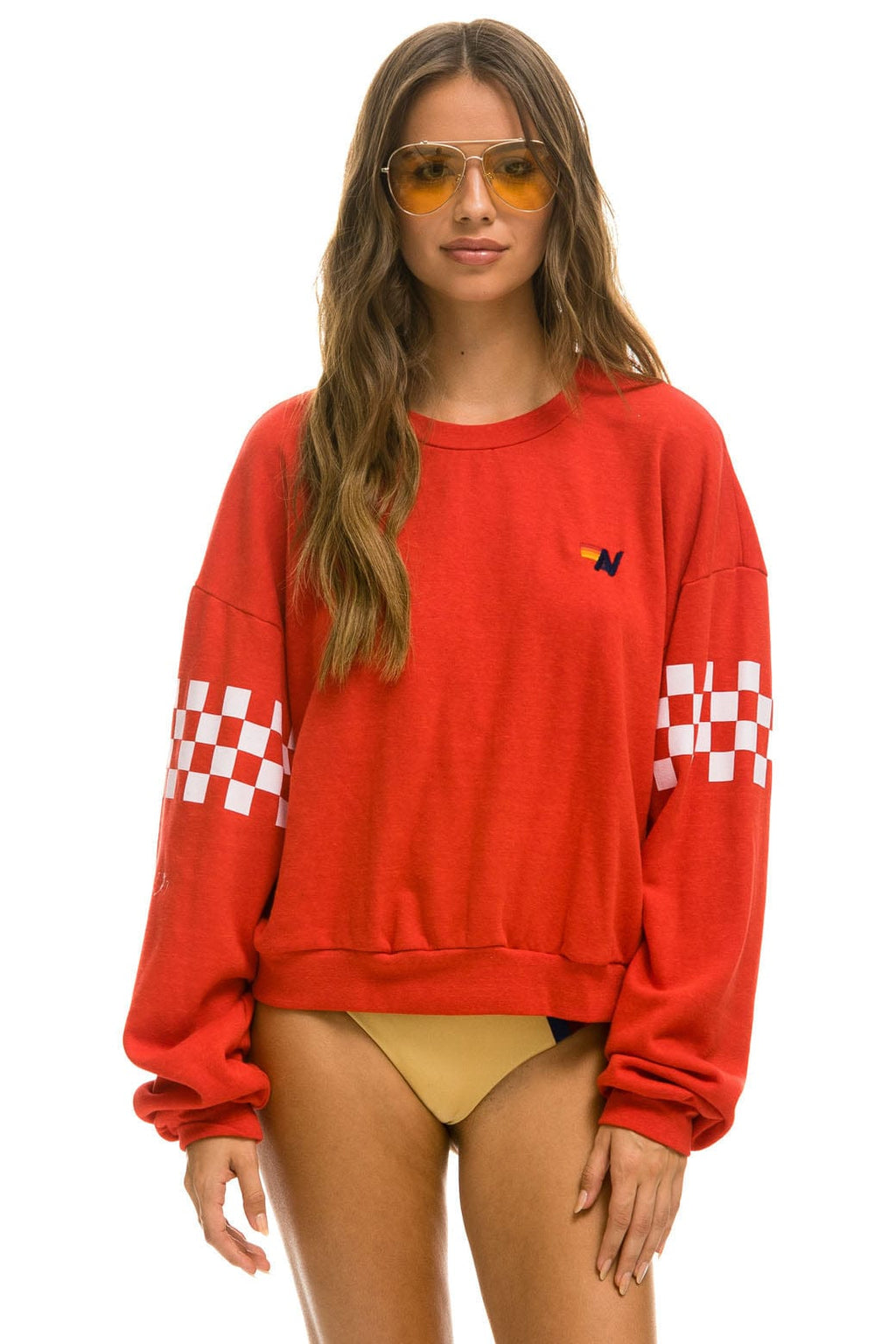 CHECK 2 SLEEVE RELAXED CREW SWEATSHIRT - RED WHITE