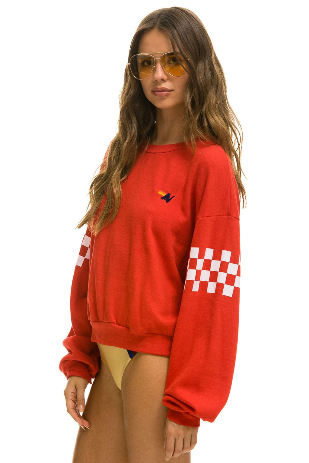 CHECK 2 SLEEVE RELAXED CREW SWEATSHIRT - RED WHITE