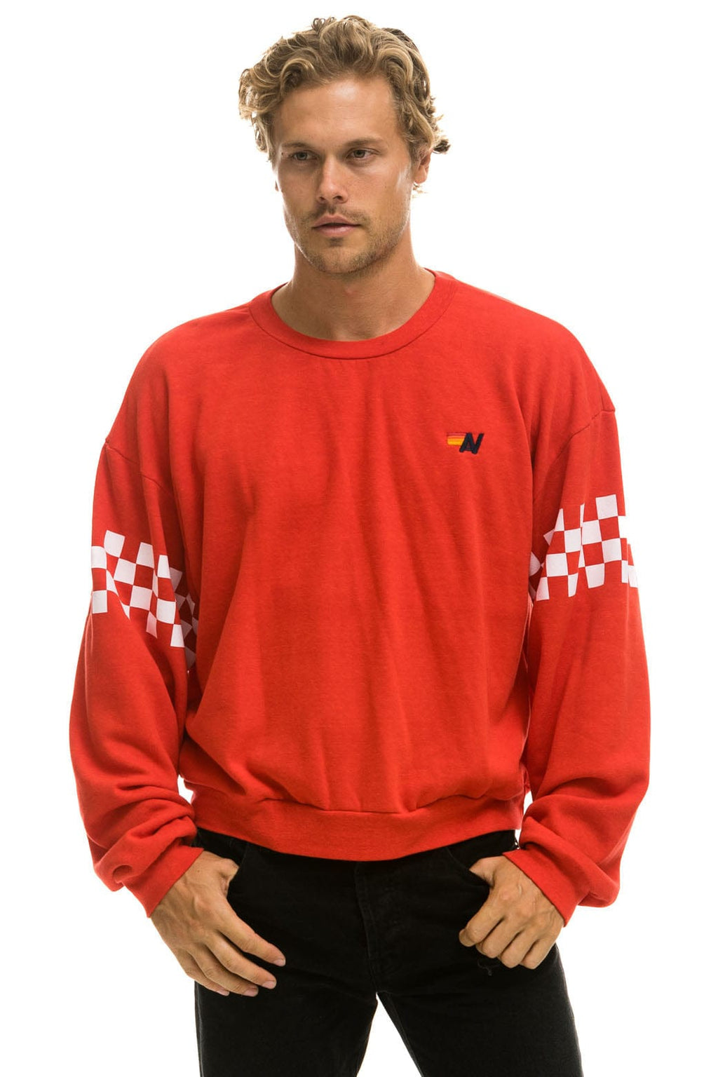 CHECK 2 SLEEVE RELAXED CREW SWEATSHIRT - RED WHITE