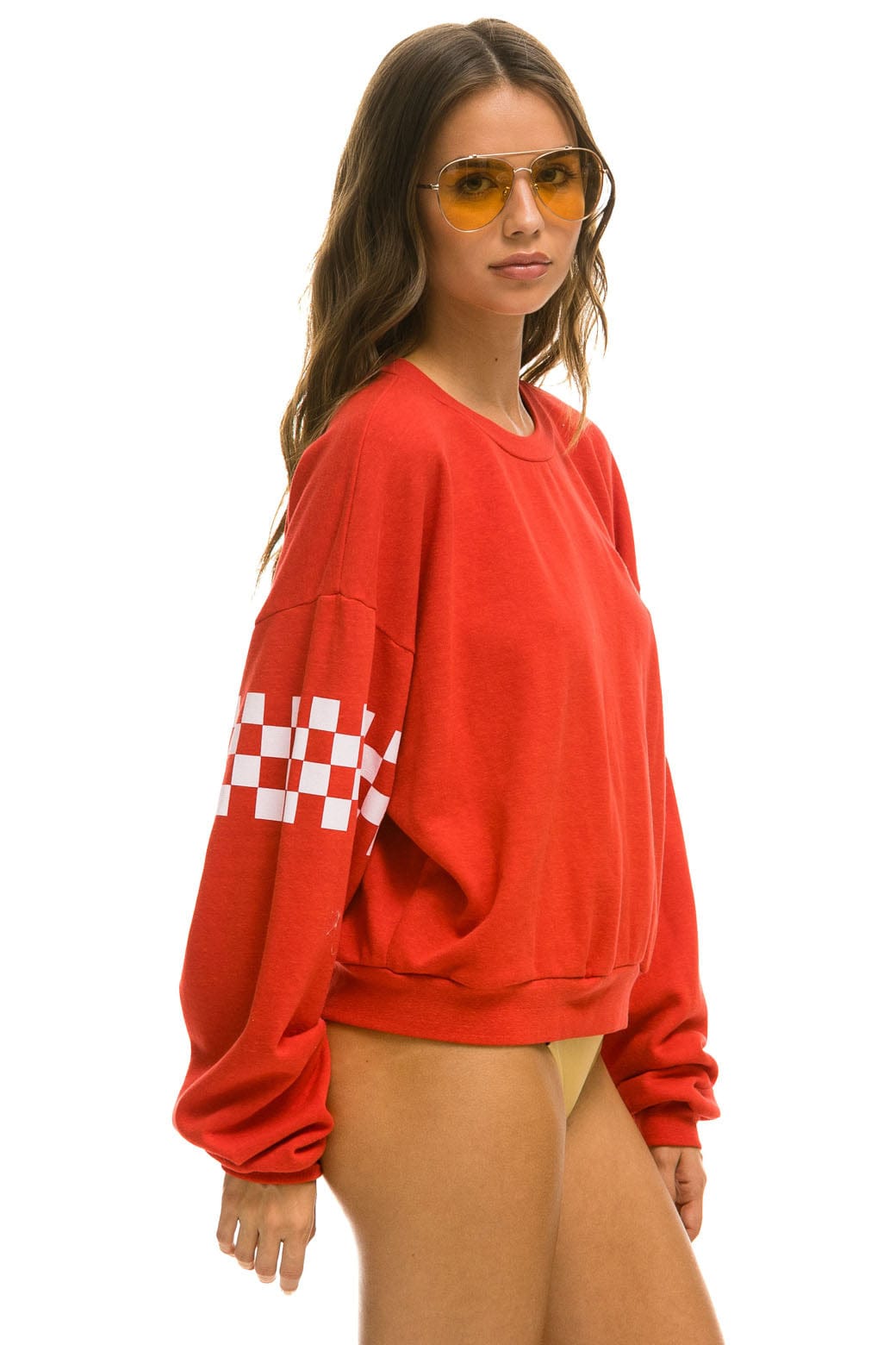 CHECK 2 SLEEVE RELAXED CREW SWEATSHIRT - RED WHITE