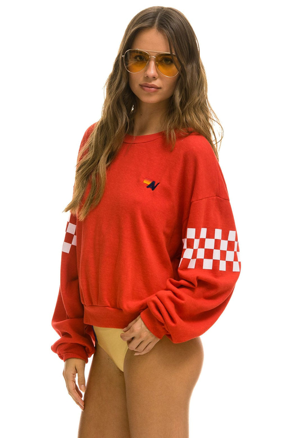 CHECK 2 SLEEVE RELAXED CREW SWEATSHIRT - RED WHITE