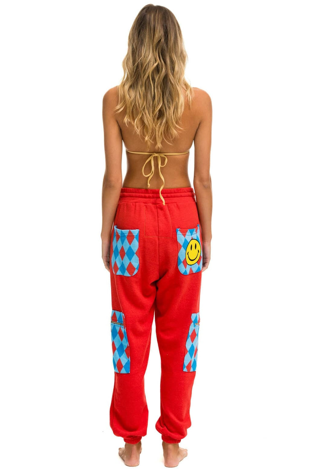 DIAMOND SMILEY 2 EMBROIDERY CARGO COLOR BLOCK SWEATPANTS - RED SKY
