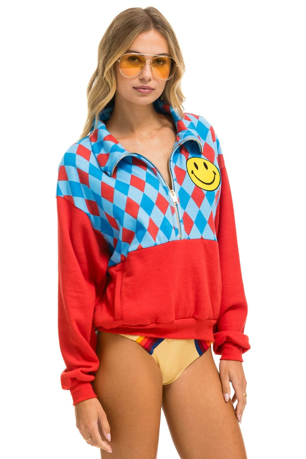 DIAMOND SMILEY 2 FLEECE HALF ZIP COLOR BLOCK SWEATSHIRT - RED SKY