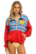 DIAMOND SMILEY 2 FLEECE HALF ZIP COLOR BLOCK SWEATSHIRT - RED SKY