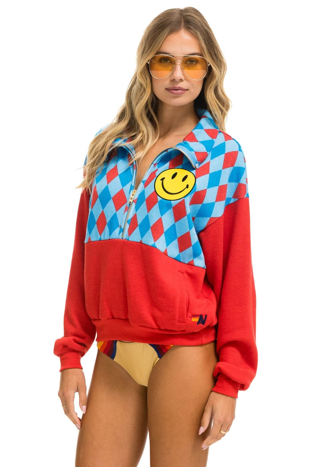 DIAMOND SMILEY 2 FLEECE HALF ZIP COLOR BLOCK SWEATSHIRT - RED SKY