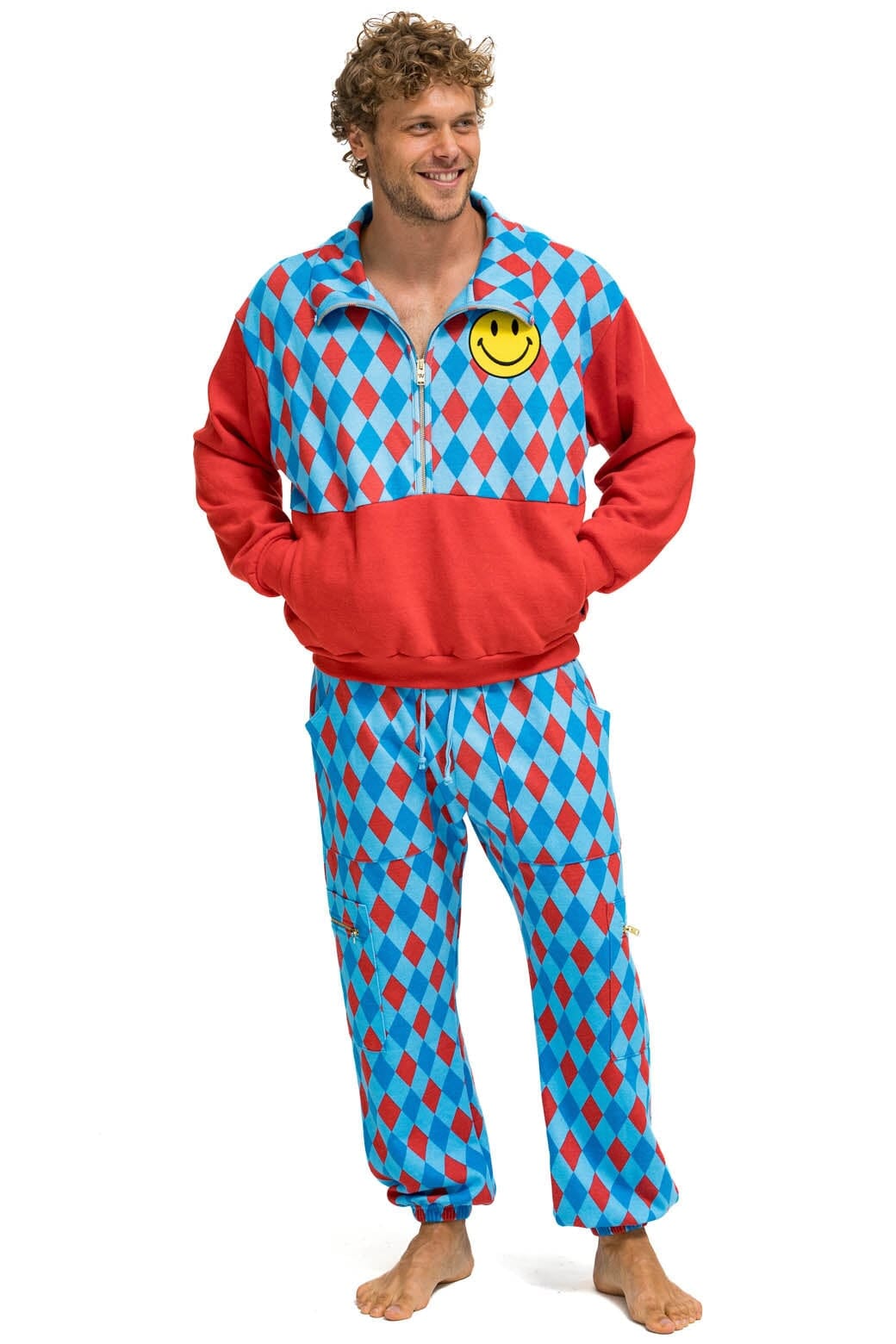 DIAMOND SMILEY 2 FLEECE HALF ZIP COLOR BLOCK SWEATSHIRT - RED SKY
