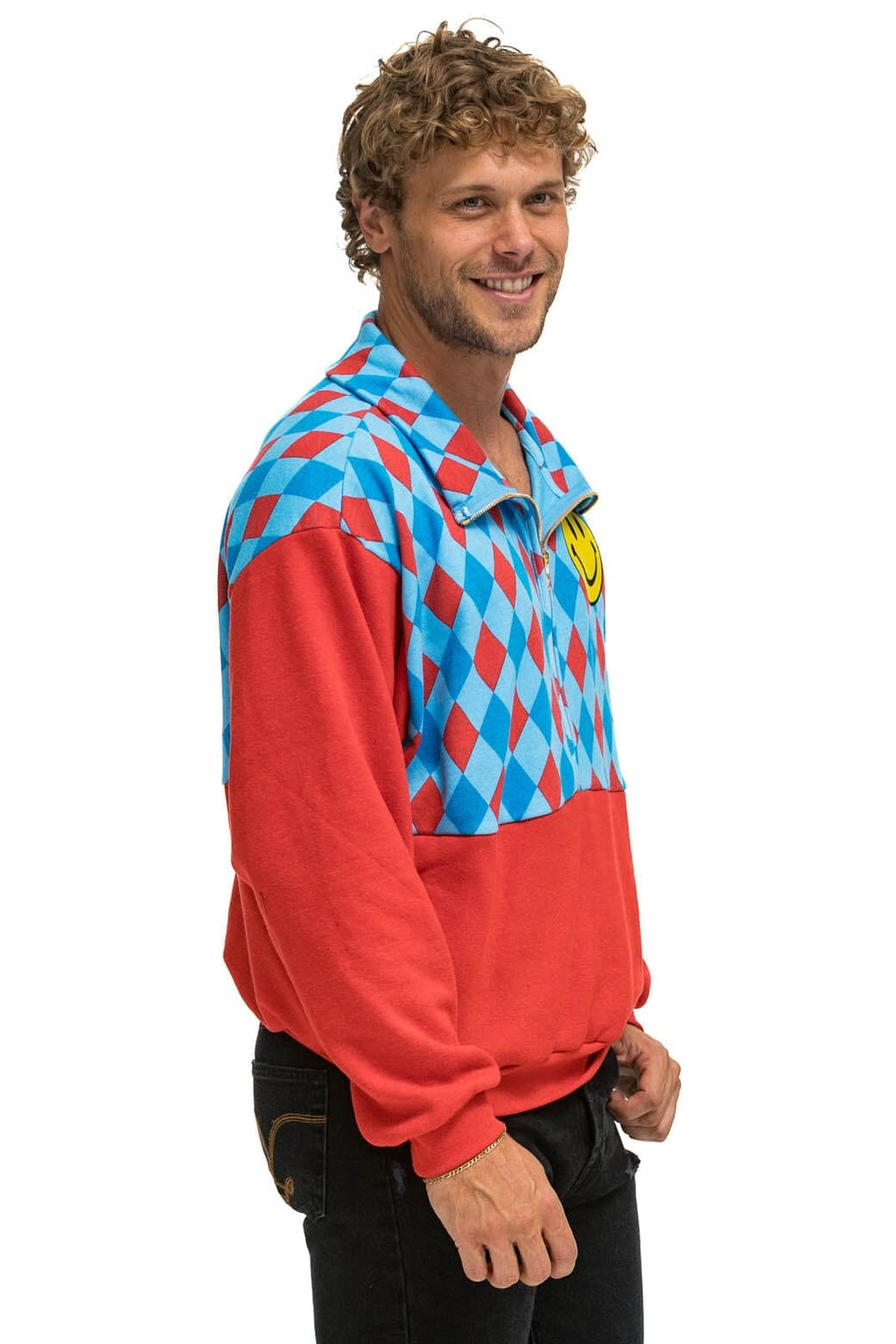 DIAMOND SMILEY 2 FLEECE HALF ZIP COLOR BLOCK SWEATSHIRT - RED SKY
