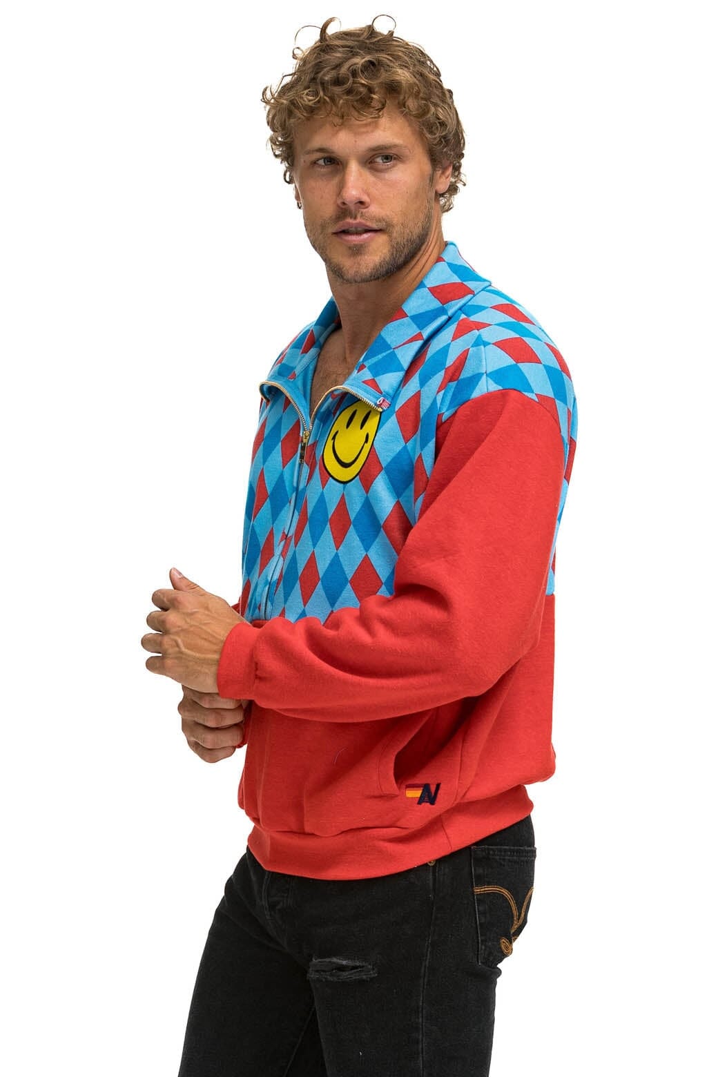 DIAMOND SMILEY 2 FLEECE HALF ZIP COLOR BLOCK SWEATSHIRT - RED SKY