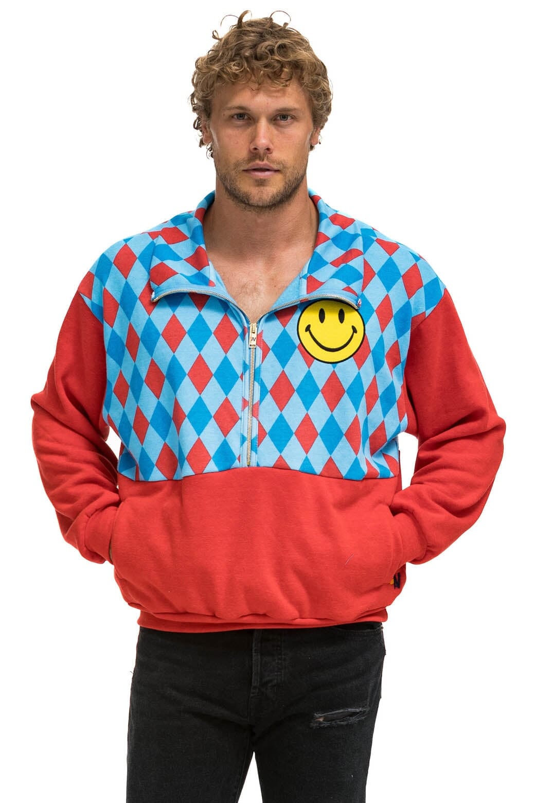 DIAMOND SMILEY 2 FLEECE HALF ZIP COLOR BLOCK SWEATSHIRT - RED SKY