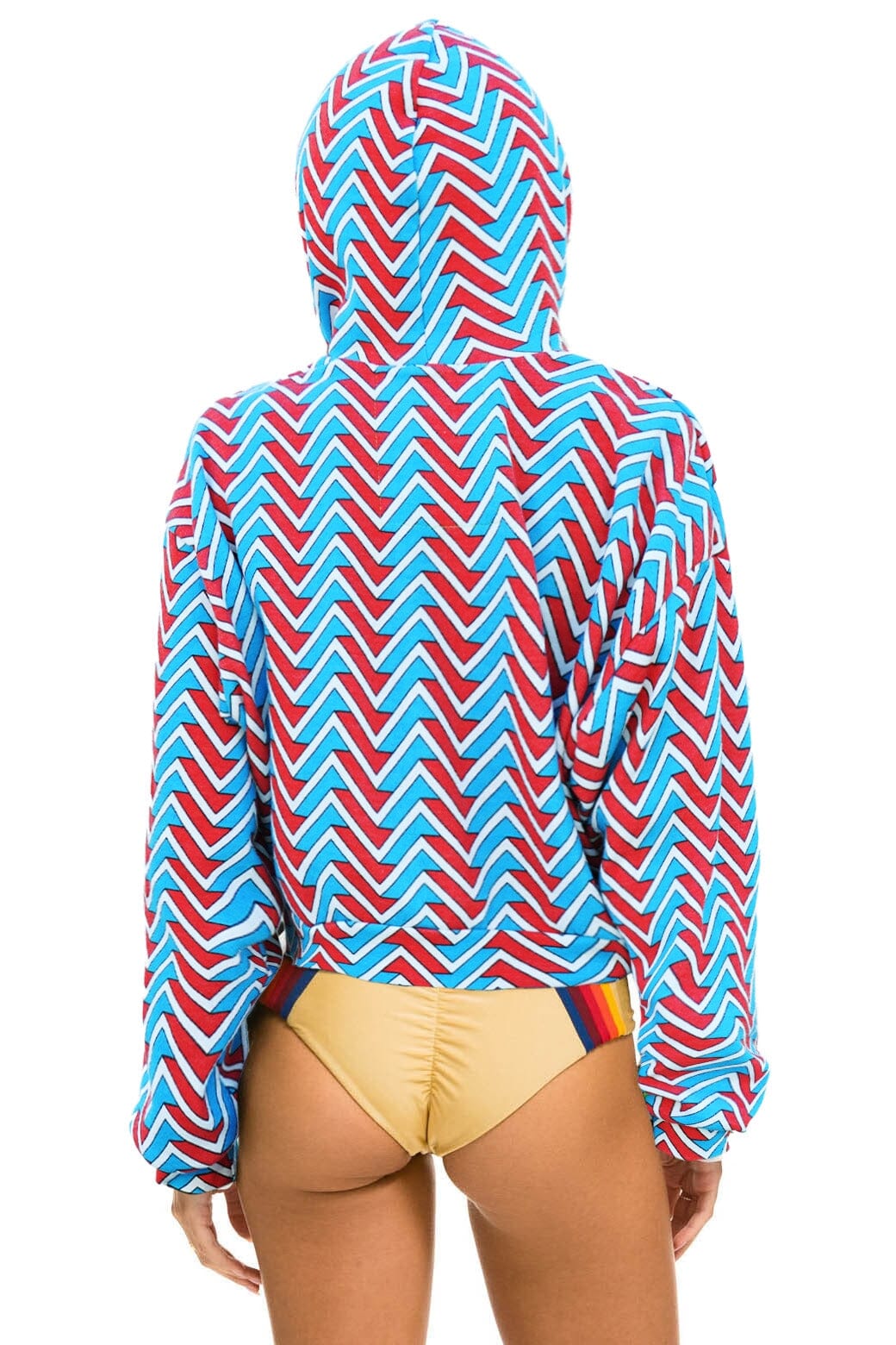 GEO ZIG BOLT EMBRIODERY RELAXED CROPPED PULLOVER HOODIE - RED BLUE