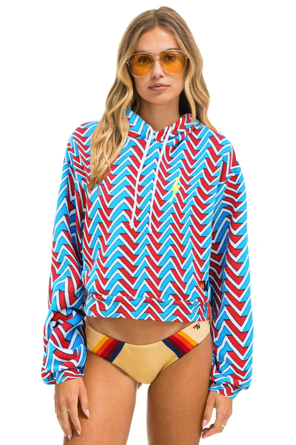 GEO ZIG BOLT EMBRIODERY RELAXED CROPPED PULLOVER HOODIE - RED BLUE