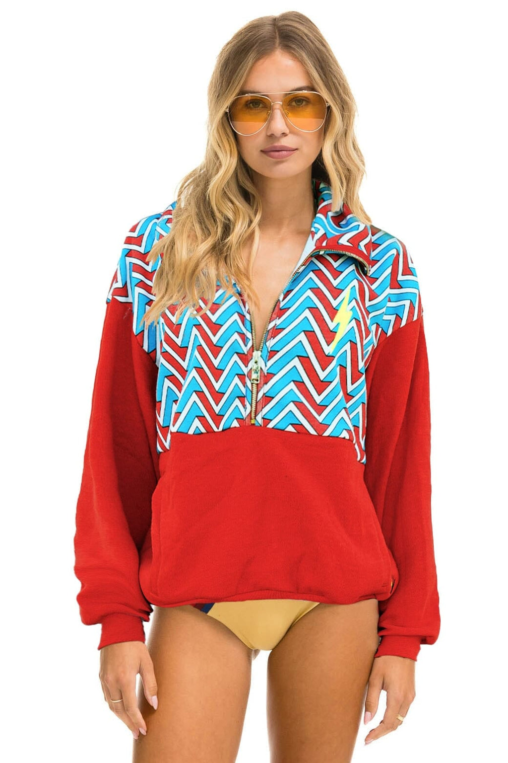 GEO ZIG BOLT EMBROIDERY FLEECE HALF ZIP COLOR BLOCK SWEATSHIRT - RED BLUE
