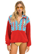 GEO ZIG BOLT EMBROIDERY FLEECE HALF ZIP COLOR BLOCK SWEATSHIRT - RED BLUE