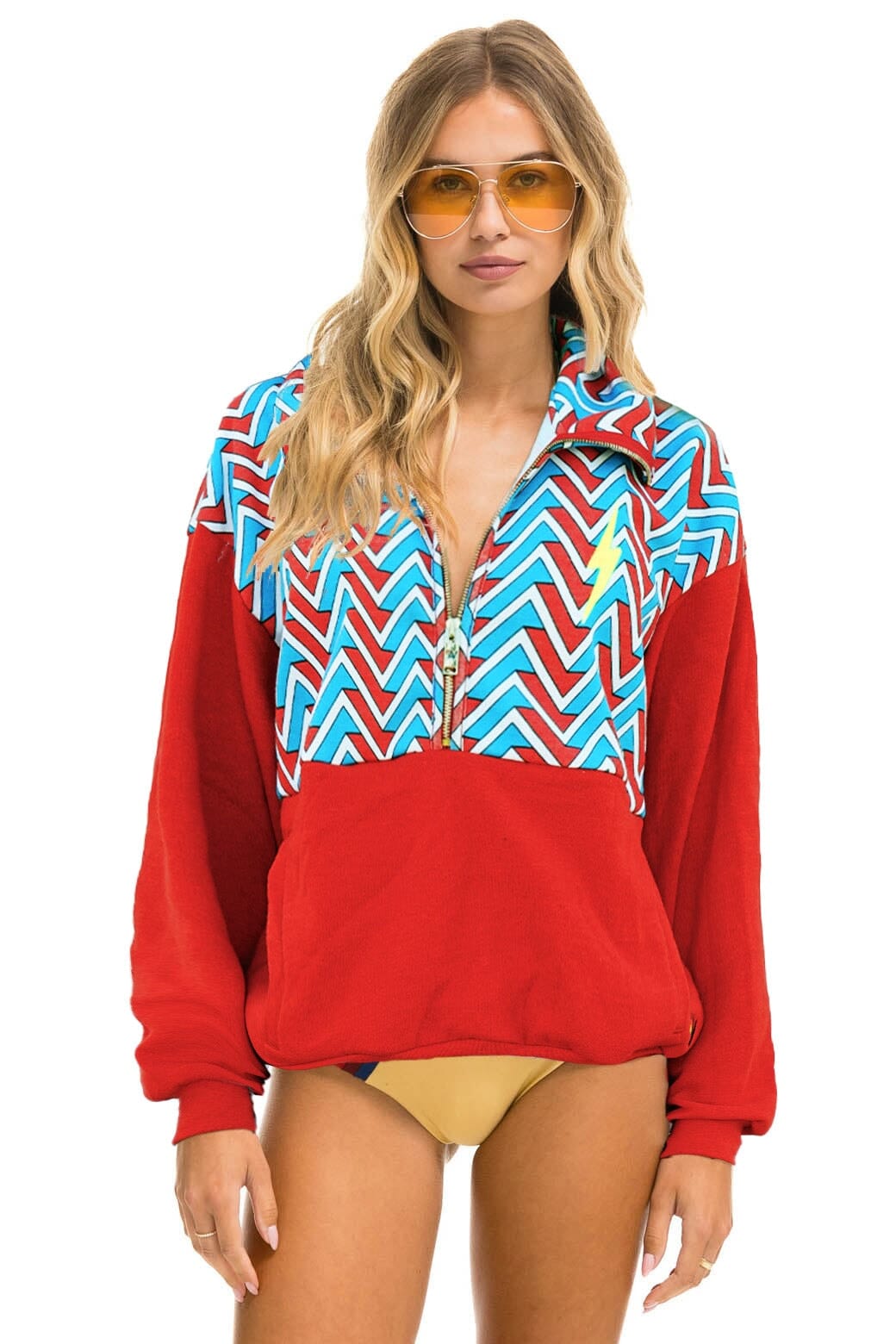 GEO ZIG BOLT EMBROIDERY FLEECE HALF ZIP COLOR BLOCK SWEATSHIRT - RED BLUE