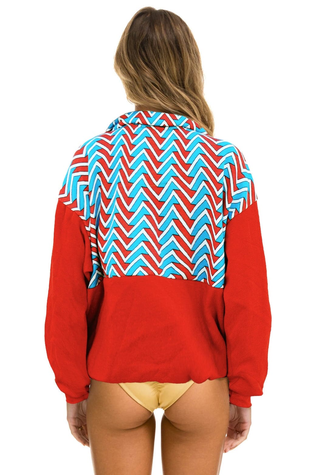 GEO ZIG BOLT EMBROIDERY FLEECE HALF ZIP COLOR BLOCK SWEATSHIRT - RED BLUE