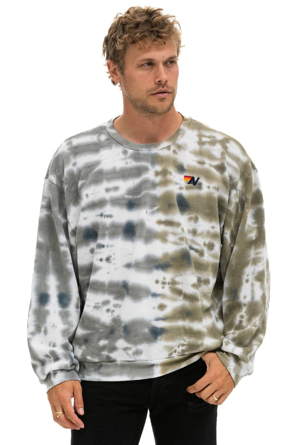 HAND DYED RELAXED CREW SWEATSHIRT - TIE DYE GREY OLIVE