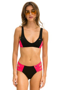 HI-WAISTED SIDE CUT OUT COLOR BLOCK FULL COVERAGE BRIEF BIKINI BOTTOMS - BLACK RED