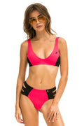 HI-WAISTED SIDE CUT OUT COLOR BLOCK FULL COVERAGE BRIEF BIKINI BOTTOMS - RED BLACK