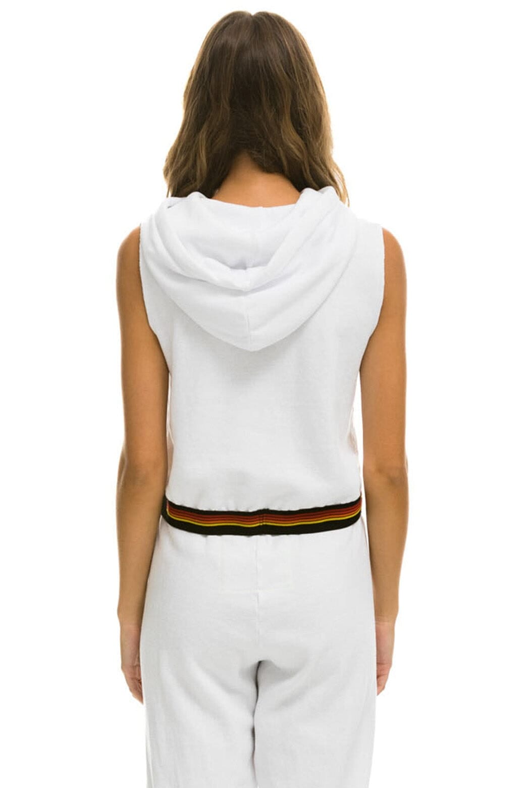 LOGO STRIPE SLEEVELESS CROP PULLOVER HOODIE - WHITE
