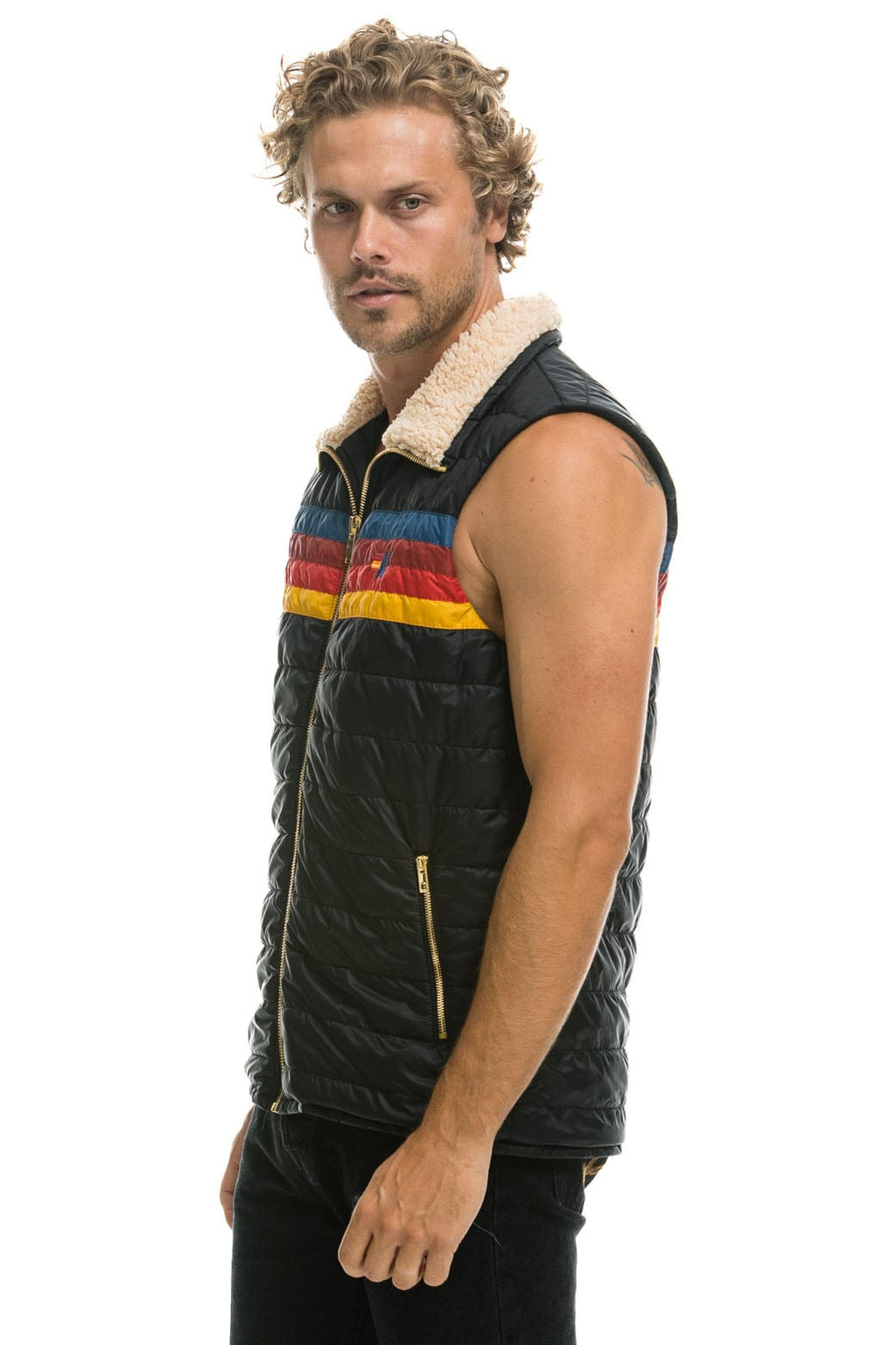 MENS 4 STRIPE VEST SHERPA - BLACK