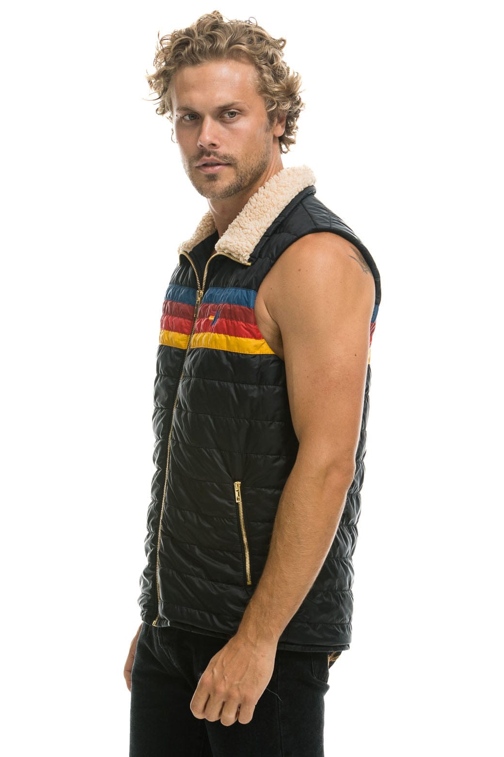 MENS 4 STRIPE VEST SHERPA - BLACK