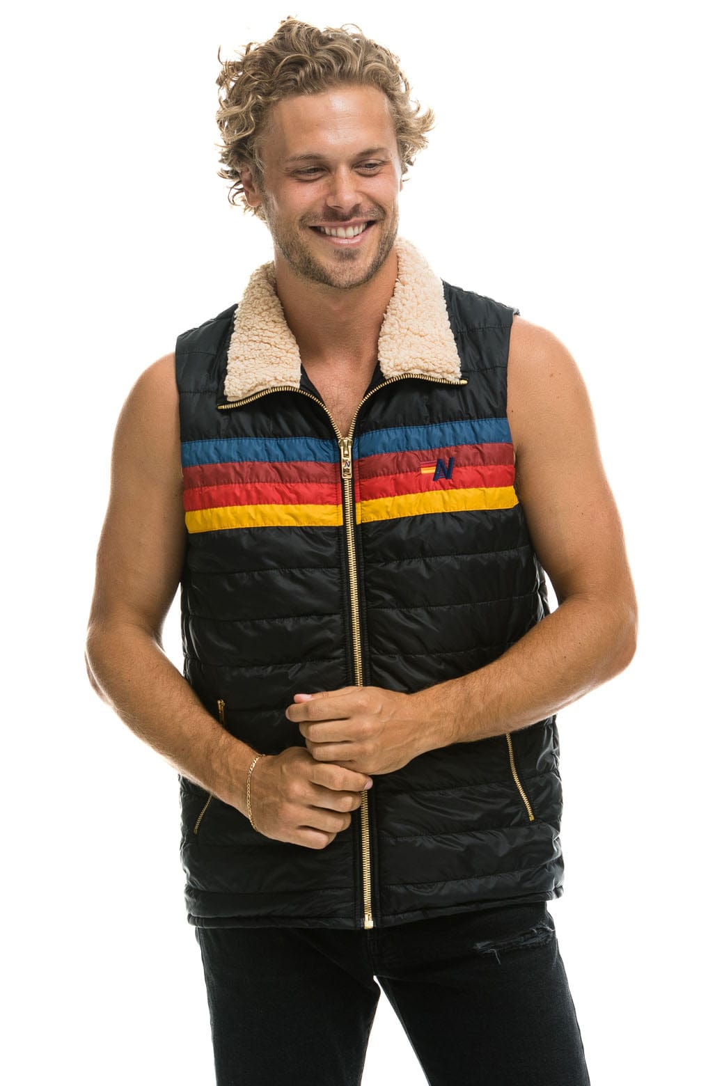 MENS 4 STRIPE VEST SHERPA - BLACK