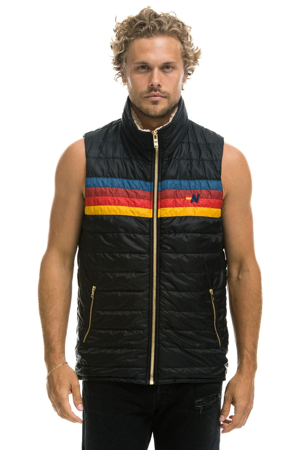 MENS 4 STRIPE VEST SHERPA - BLACK