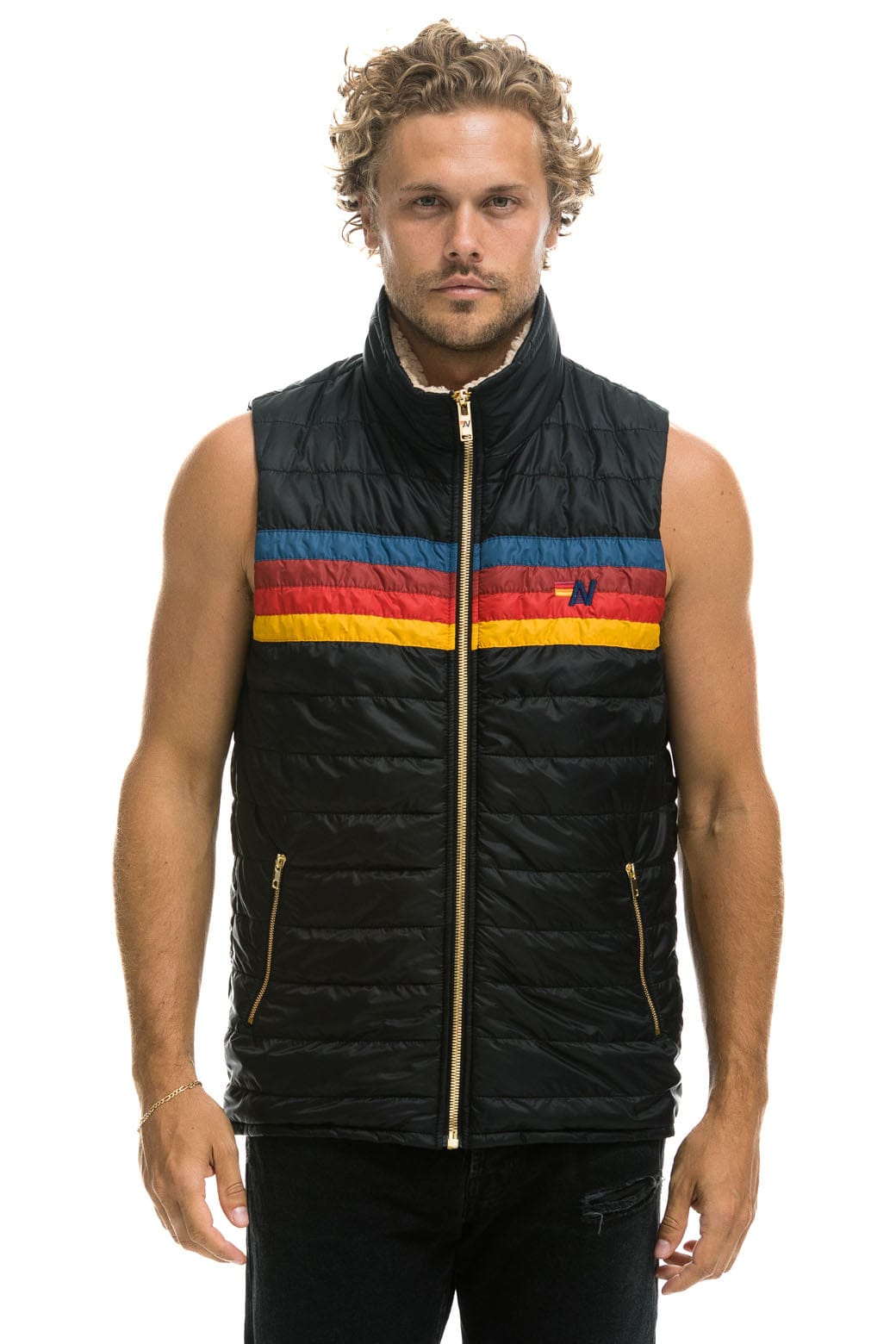 MENS 4 STRIPE VEST SHERPA - BLACK