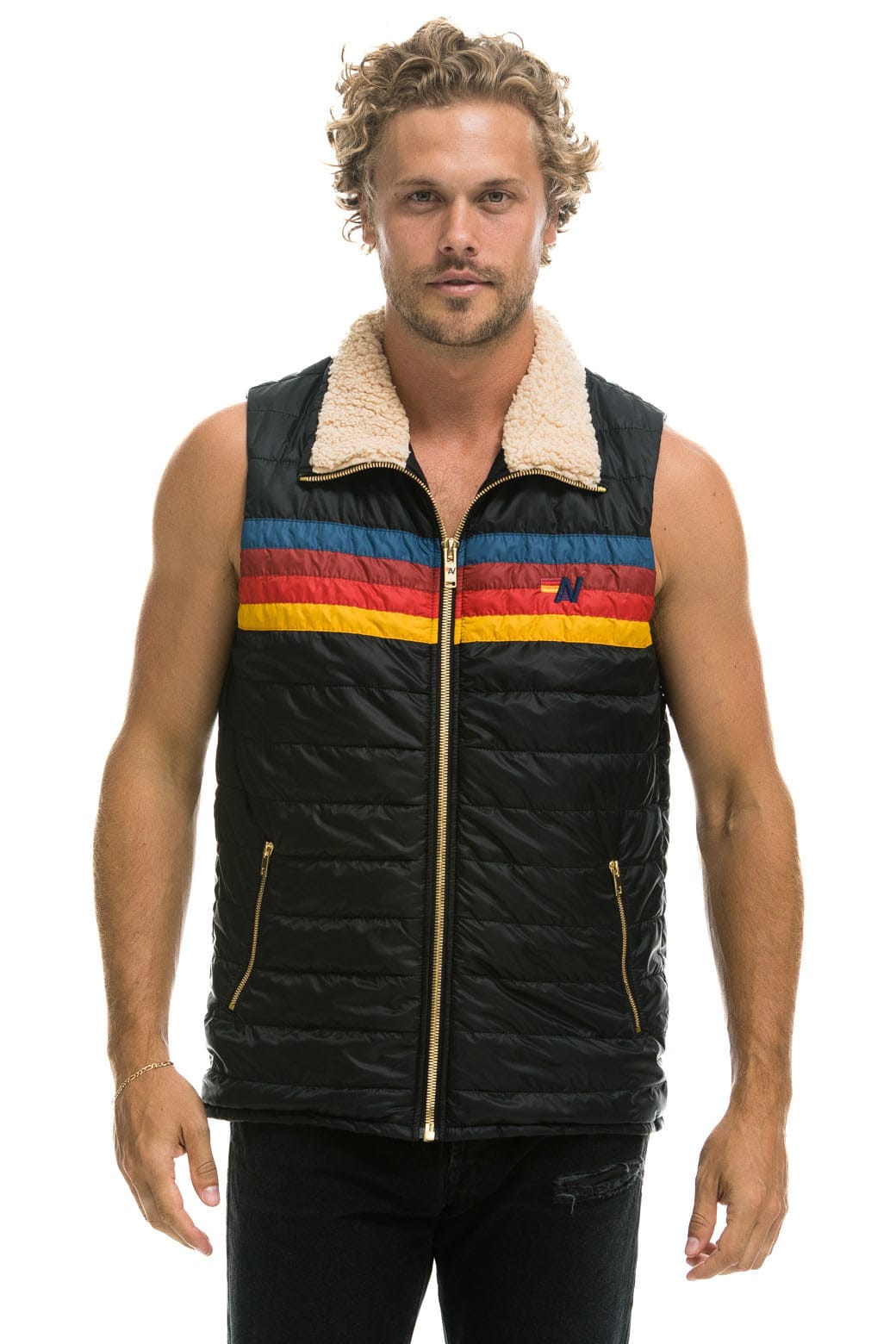 MENS 4 STRIPE VEST SHERPA - BLACK