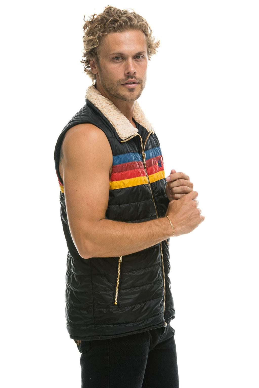 MENS 4 STRIPE VEST SHERPA - BLACK