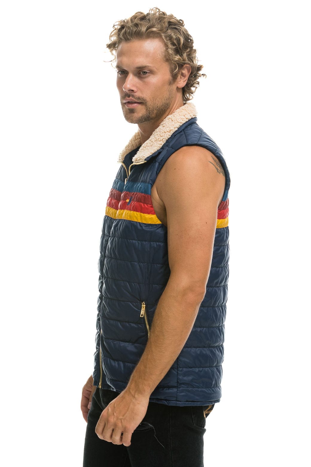MENS 4 STRIPE VEST SHERPA - NAVY