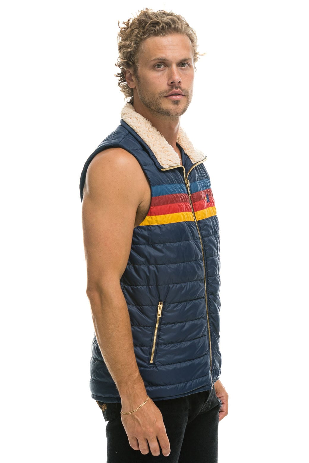 MENS 4 STRIPE VEST SHERPA - NAVY