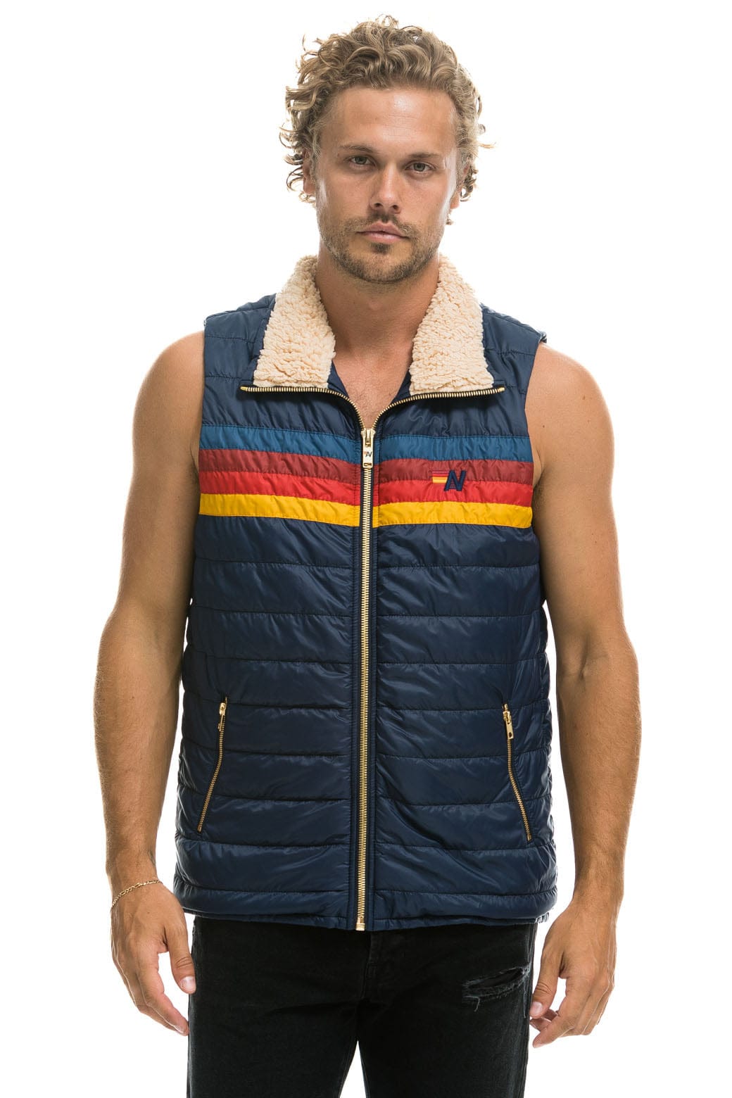MENS 4 STRIPE VEST SHERPA - NAVY