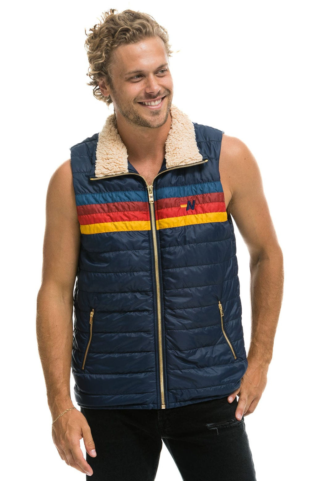 MENS 4 STRIPE VEST SHERPA - NAVY