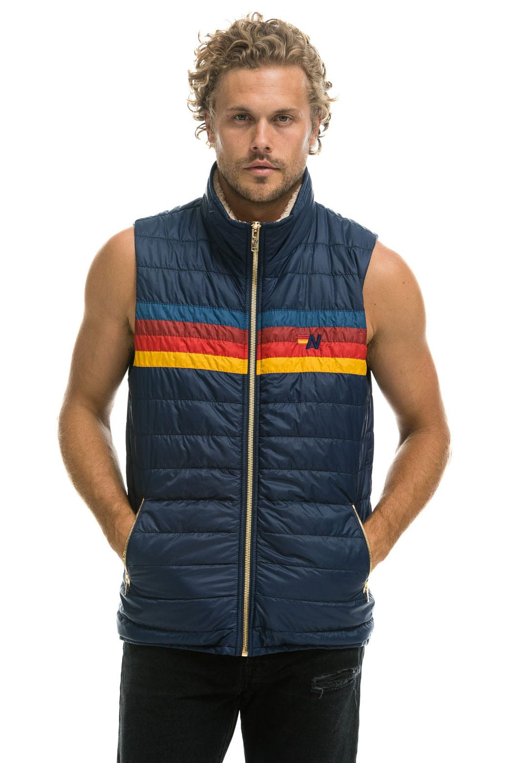 MENS 4 STRIPE VEST SHERPA - NAVY