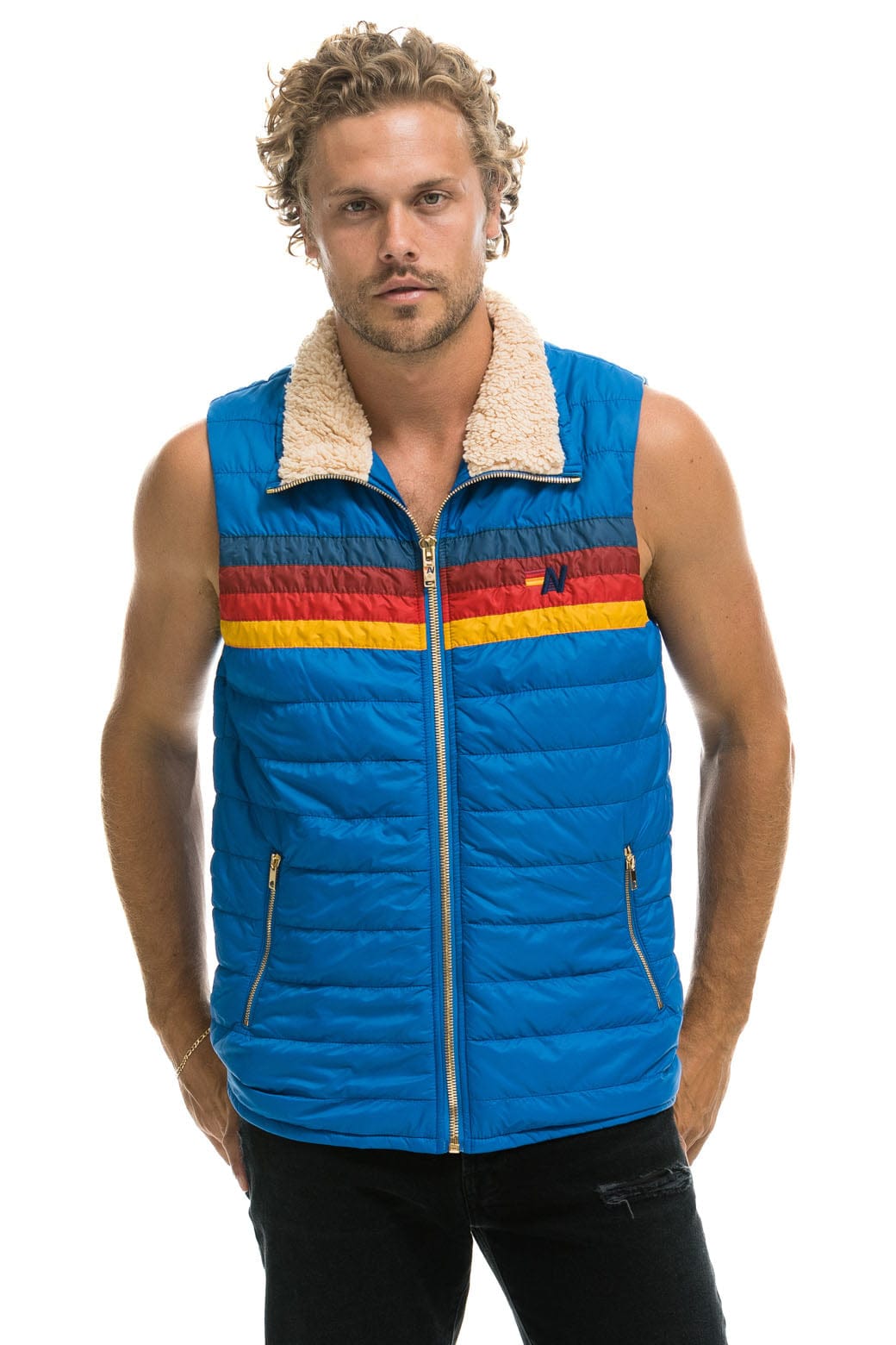MENS 4 STRIPE VEST SHERPA- SNORKEL BLUE