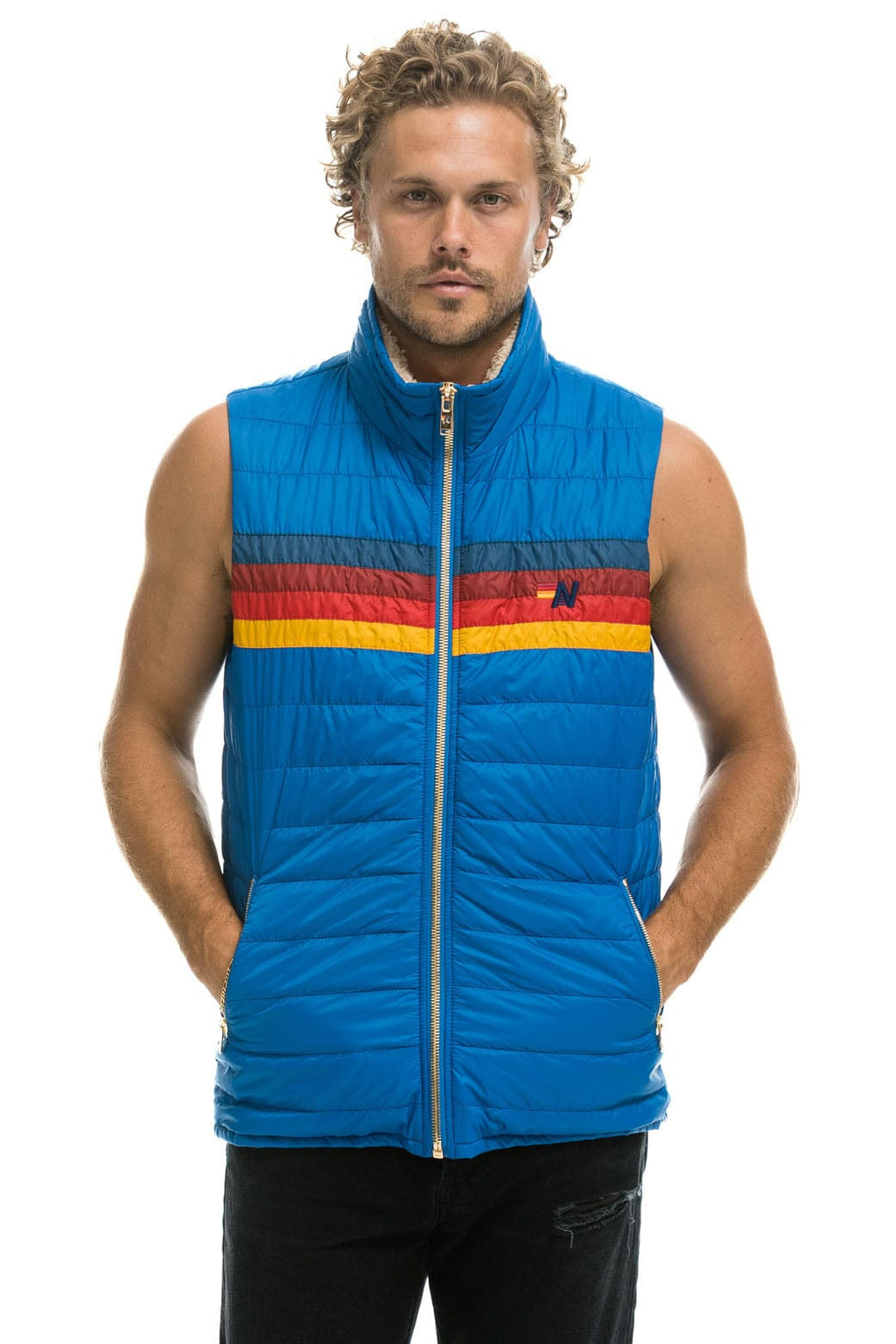 MENS 4 STRIPE VEST SHERPA- SNORKEL BLUE