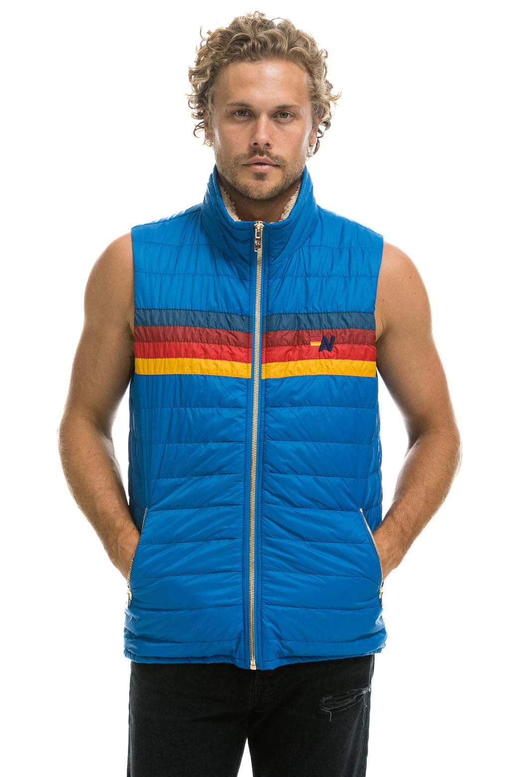 MENS 4 STRIPE VEST SHERPA- SNORKEL BLUE