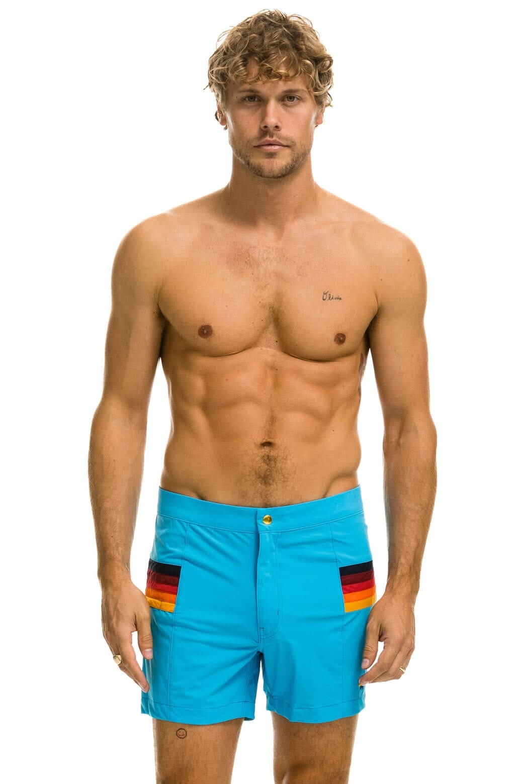 MENS HORIZONTAL 5 STRIPE FLEX SHORTS - NEON BLUE