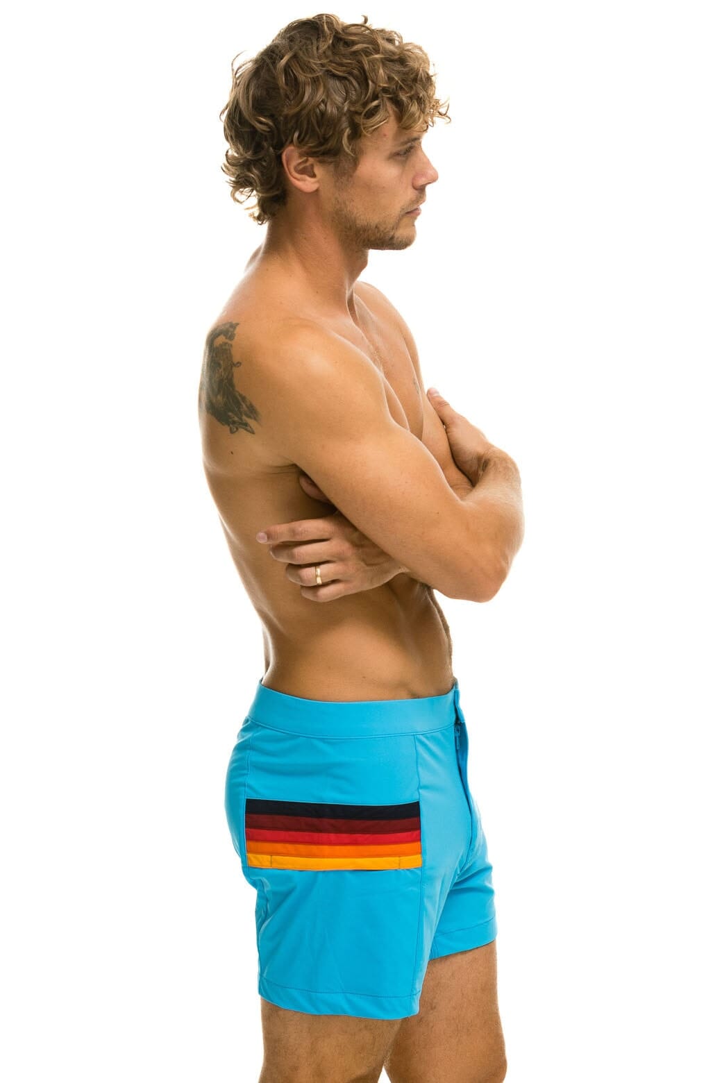 MENS HORIZONTAL 5 STRIPE FLEX SHORTS - NEON BLUE
